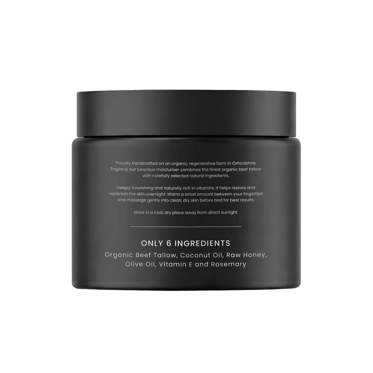 Pasture Organic Tallow Moisturiser 100ml black jar, back of pack