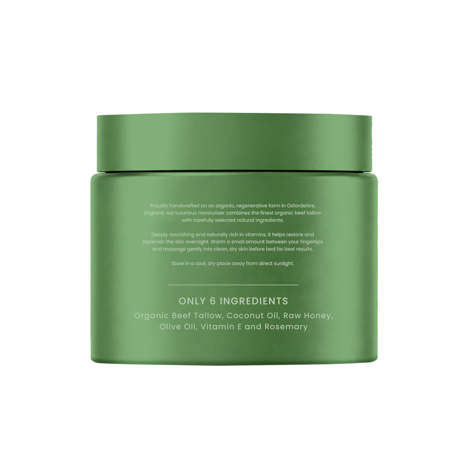 Pasture Organic Tallow Moisturiser 25ml green jar, back of pack