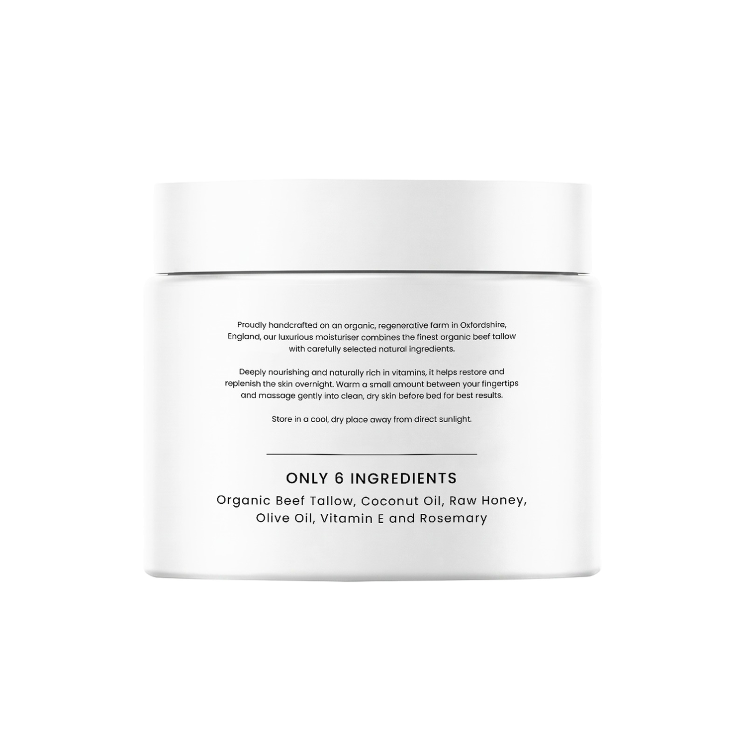 Pasture Organic Tallow Moisturiser 50ml white jar, back of pack