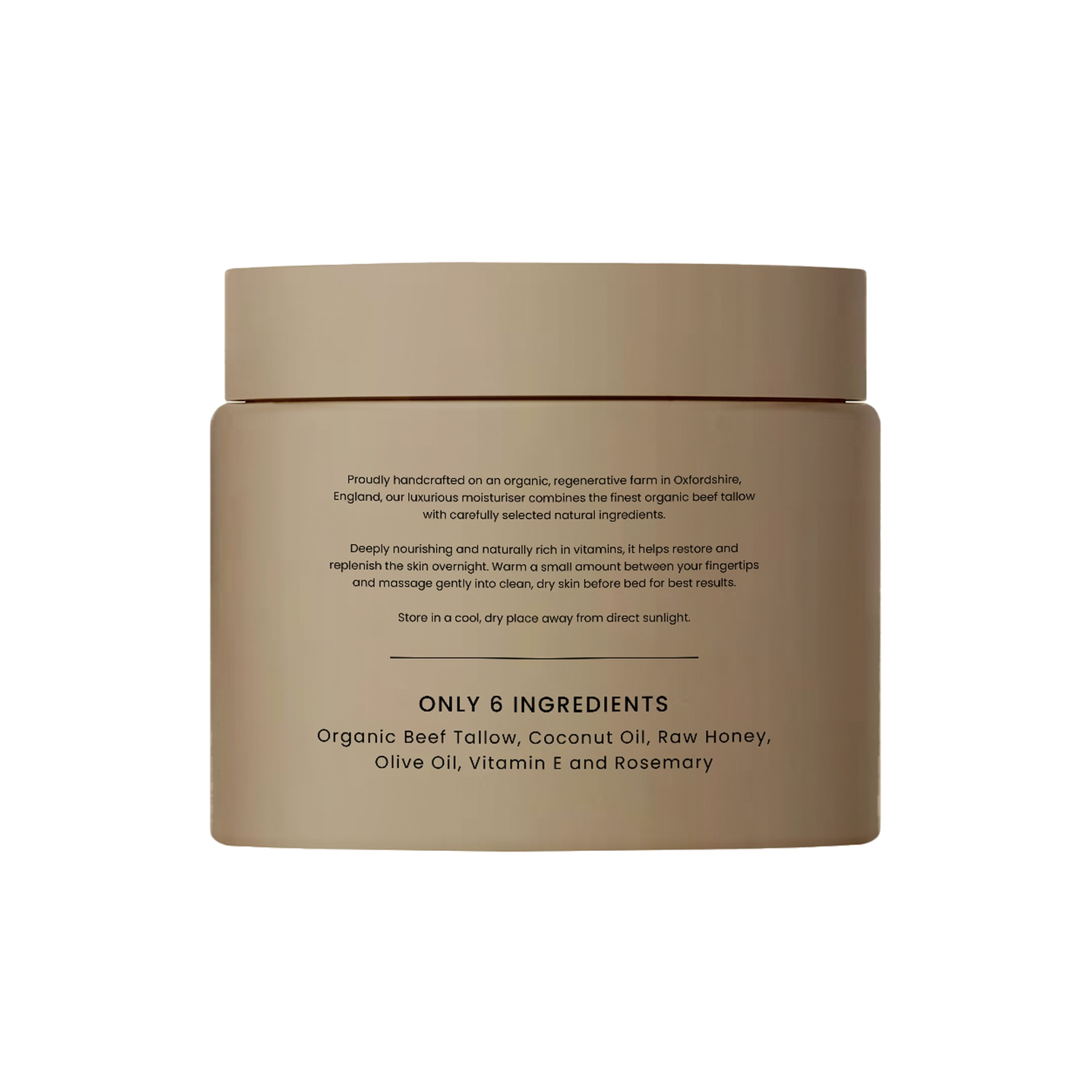 Pasture Organic Tallow Moisturiser 75ml beige jar, back of pack